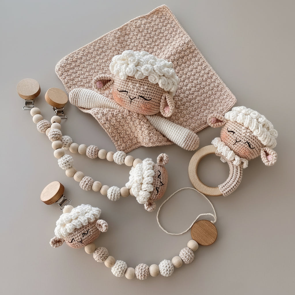Crocheted sheep toys and accessories in soft beige and white colors, including pram chain and rattle