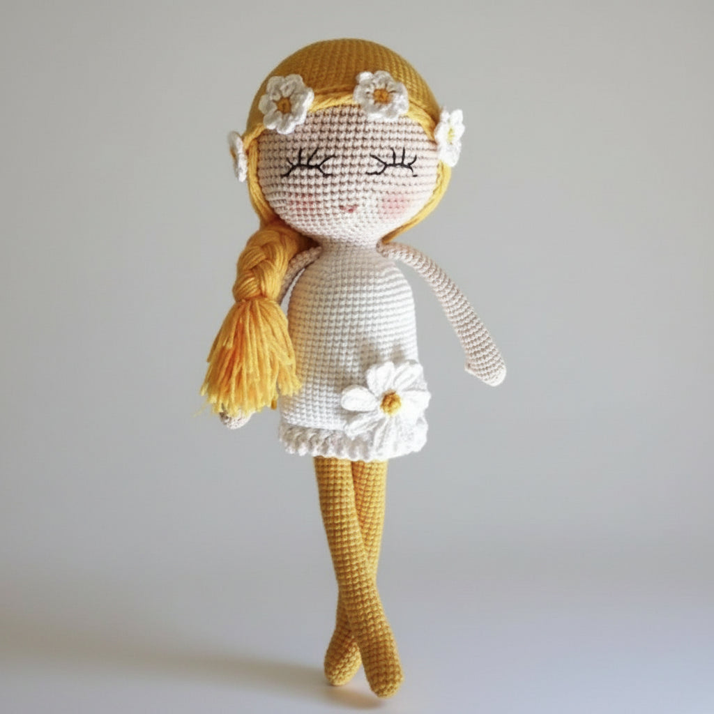 Crocheted doll with yellow hair, braided ponytail, and white daisy dress and accessories