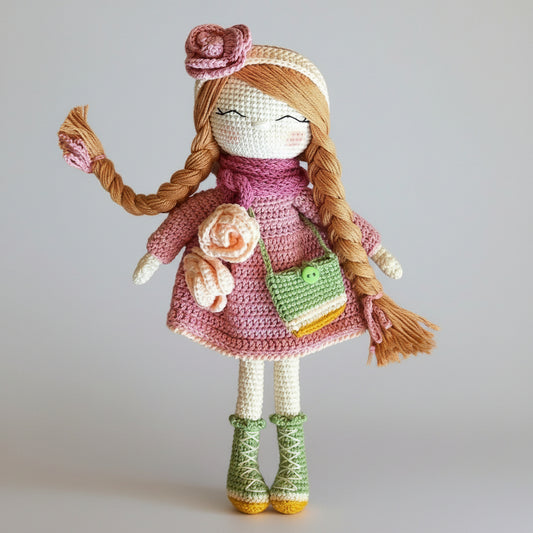 Crocheted doll in pink dress with braids, rose accessories, and green bag and boots