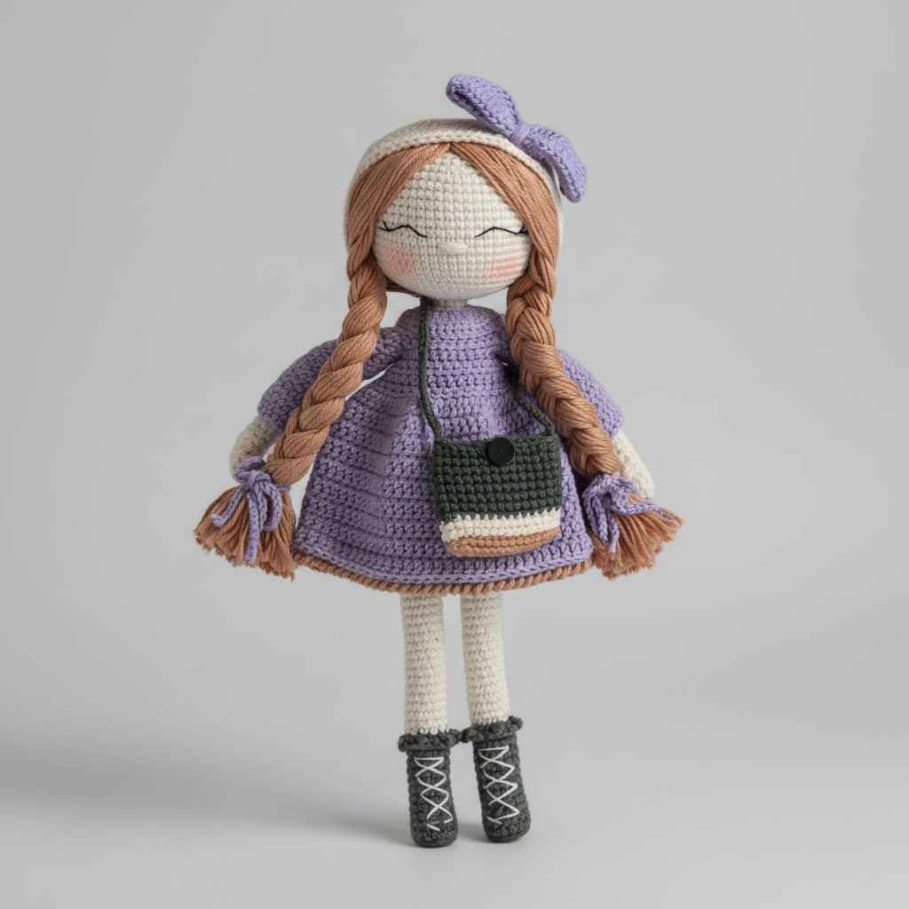 Crocheted doll with braids, purple dress, and cross-body bag on gray background