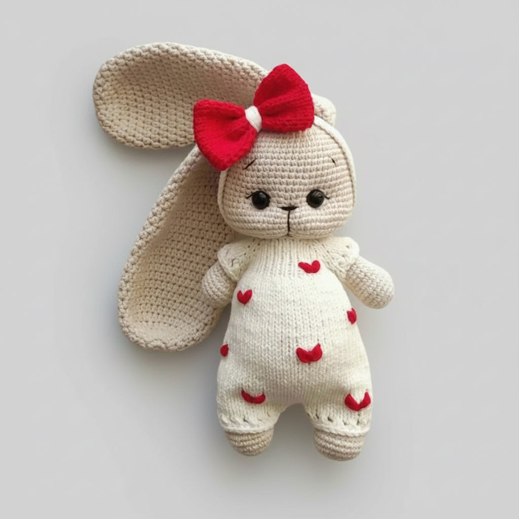 Crocheted bunny with red bow and heart-patterned white outfit on gray background