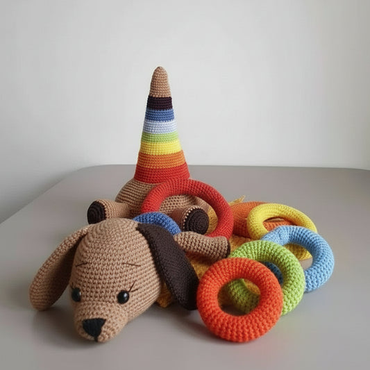 Crocheted puppy with colorful stacking rings and cone beside small plant in mug