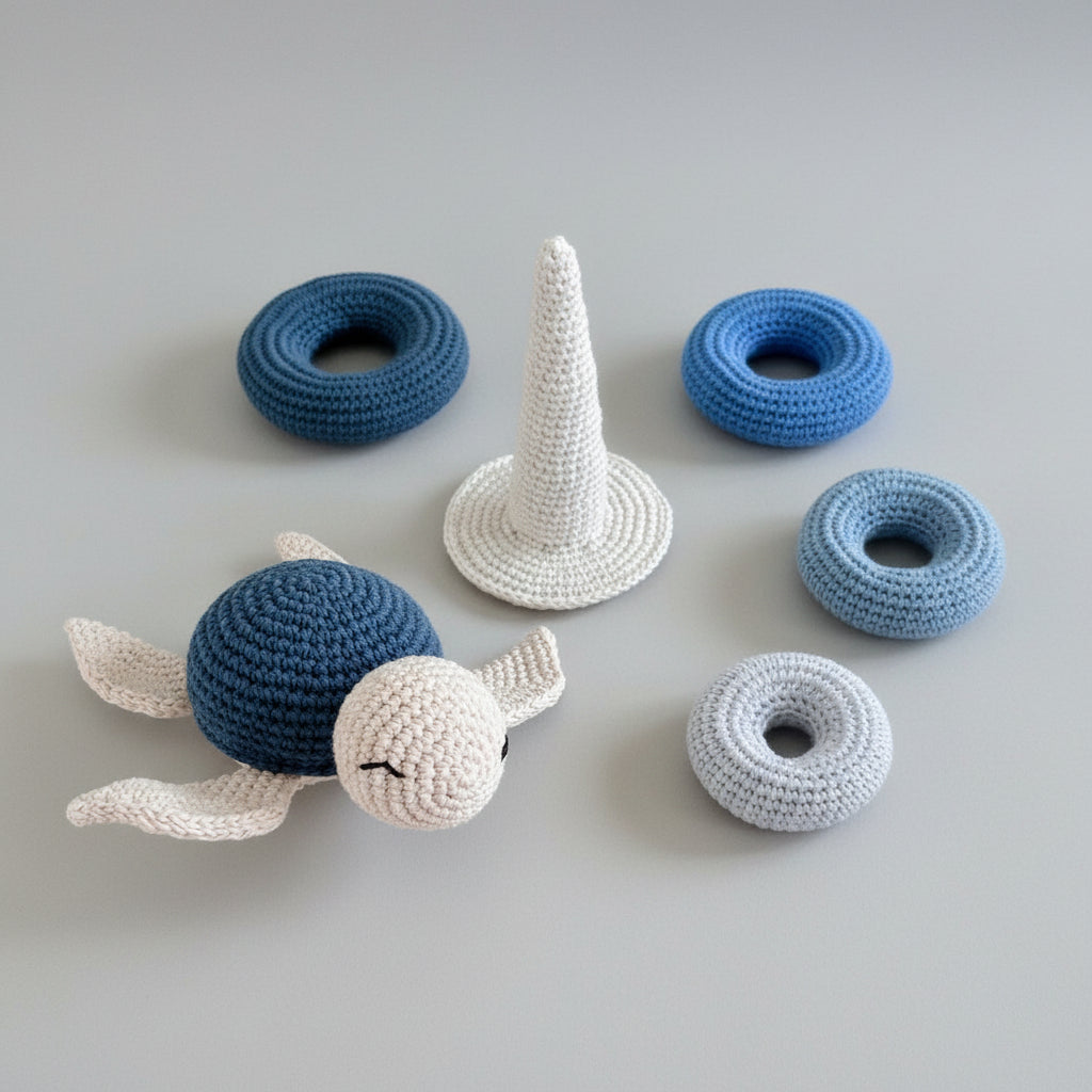Crocheted blue and white sea turtle with matching ring-shaped cushions on wooden surface