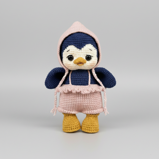 Crocheted penguin stuffed animal in pink hood and blue outfit with yellow boots