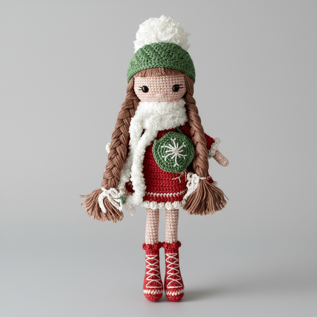 Crocheted winter doll with braids, green hat, white scarf, and red boots on gray background
