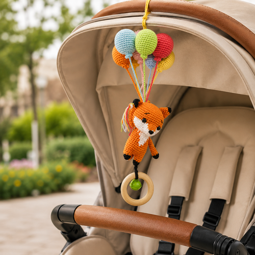Crochet Animal Car Seat Toy: Panda, Giraffe, Fox, Lion, Bunny, Monkey, Elephant Hanging Rattle