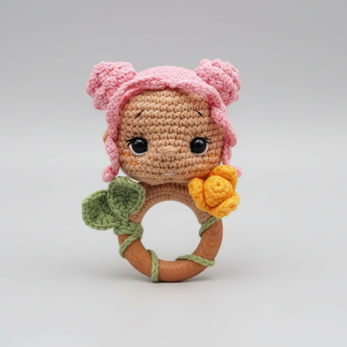 Handmade Crochet Newborn Pink Hair Doll in Daisy Dress and Rattle Gift Set (2pc) – Baby Shower Gift