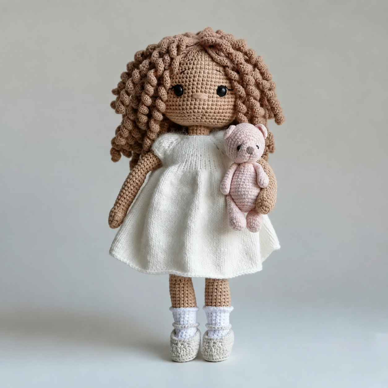Handmade Crochet Doll in White Dress with Curly Hair & Teddy Bear