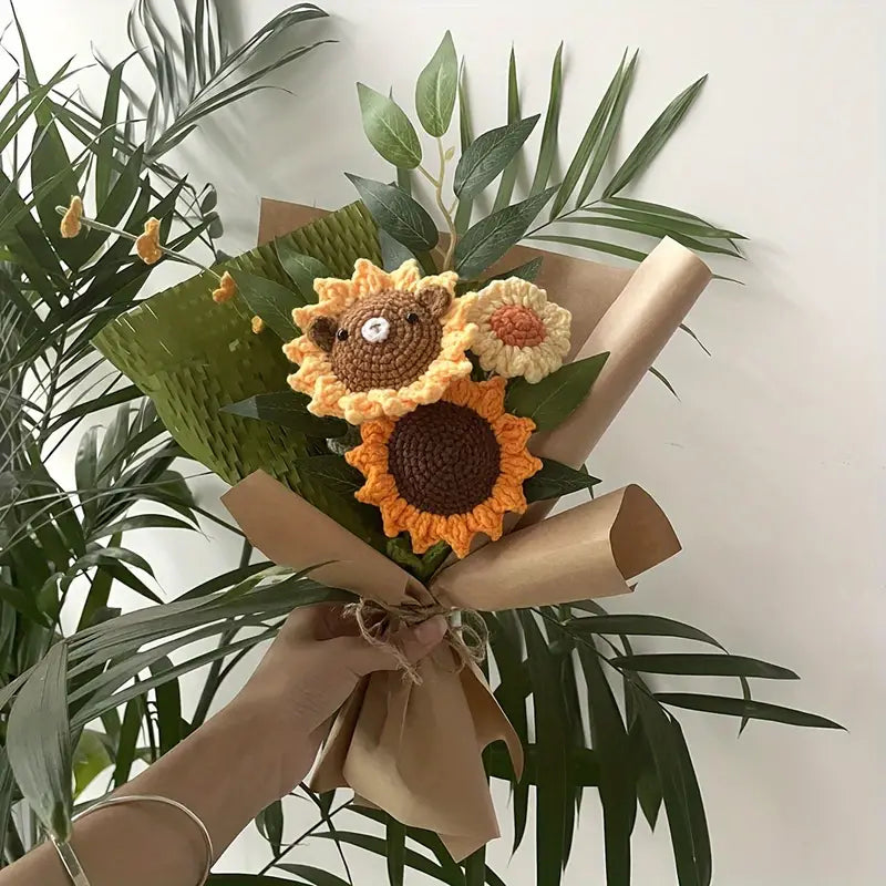 Handmade Crocheted Sunflower and Bear Bouquet