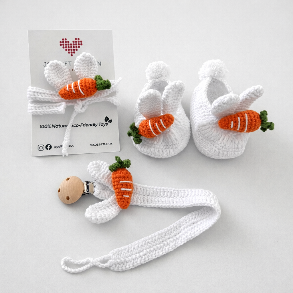 Baby Shower Gift Box – Handmade Crochet Booties, Dummy Clip & Headband Set (Luxury Newborn Gift) Orange Carrot