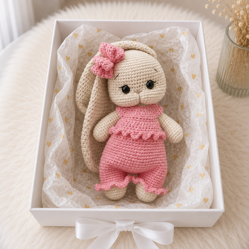 Handmade Crochet Bunny Long Ear in Pink Jumpsuit