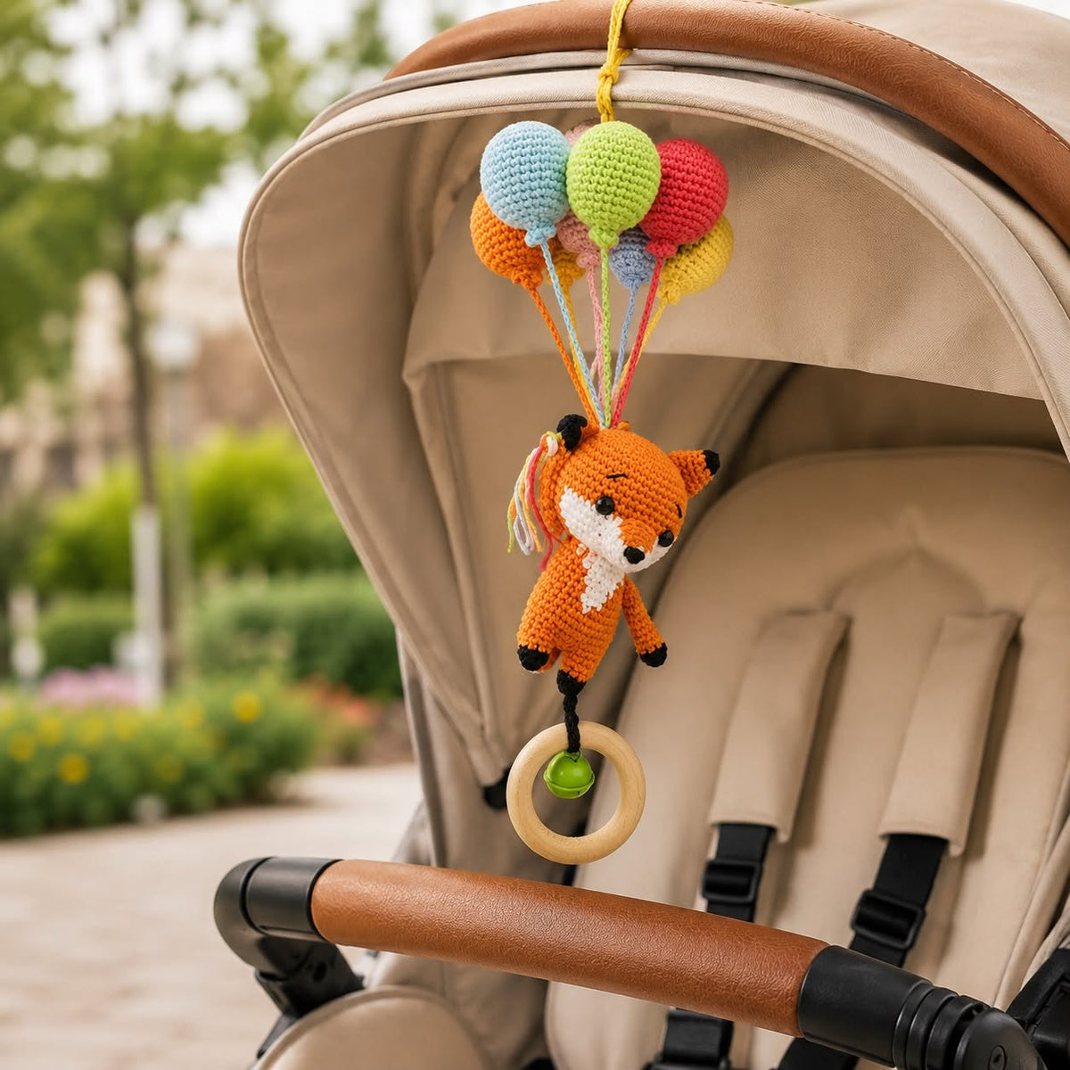 Crochet Safari Animals Car Seat Toy – Fox, Elephant, Monkey, Giraffe & Panda Hanging Rattle