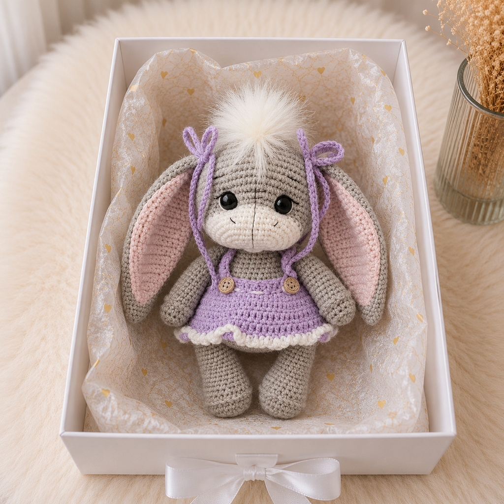 Handmade Crochet Donkey Toy in Purple Hoodie
