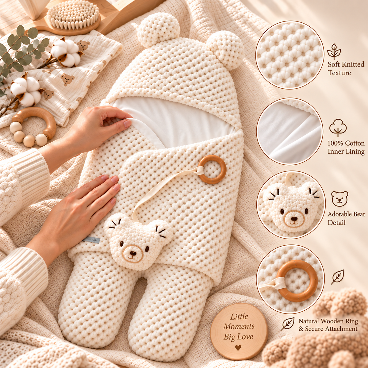 Soft cotton baby swaddle sleeping bag with bear ears and teddy toy