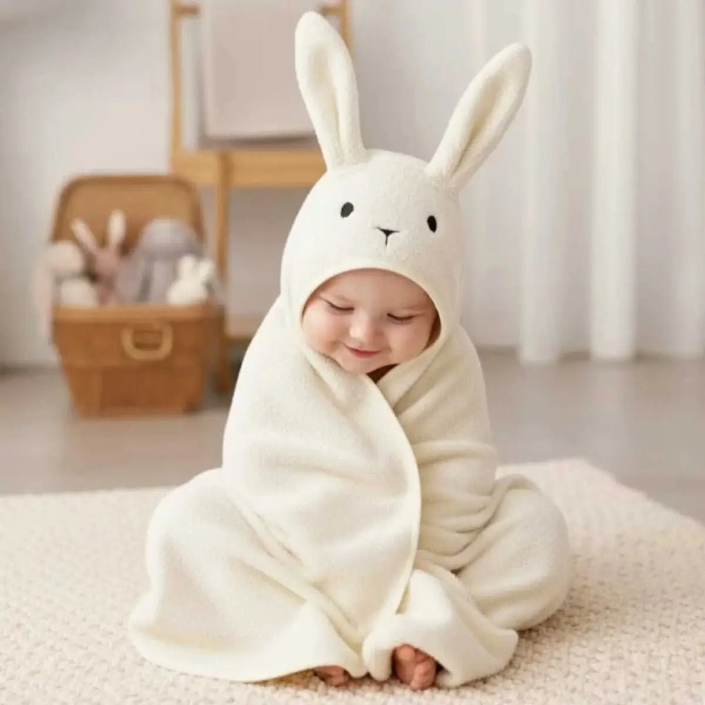 100% Cotton Bunny Baby Hooded Towel & Swaddle Blanket (Unisex Newborn Gift)  Joy Gift London