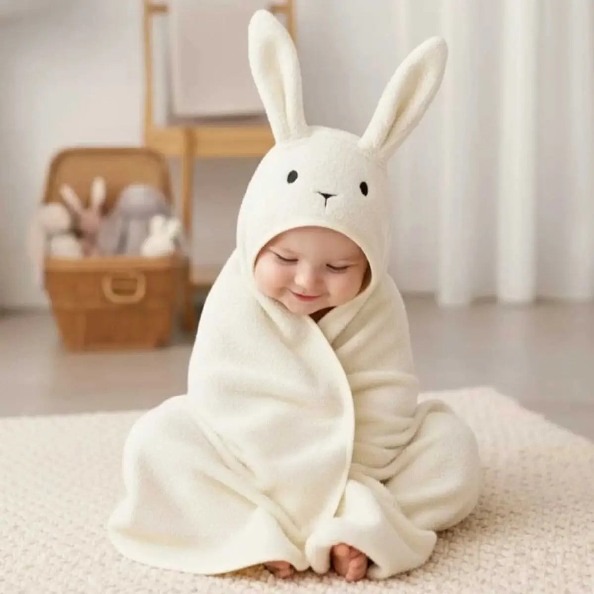 100% Cotton Bunny Baby Hooded Towel & Swaddle Blanket (Unisex Newborn Gift)  Joy Gift London