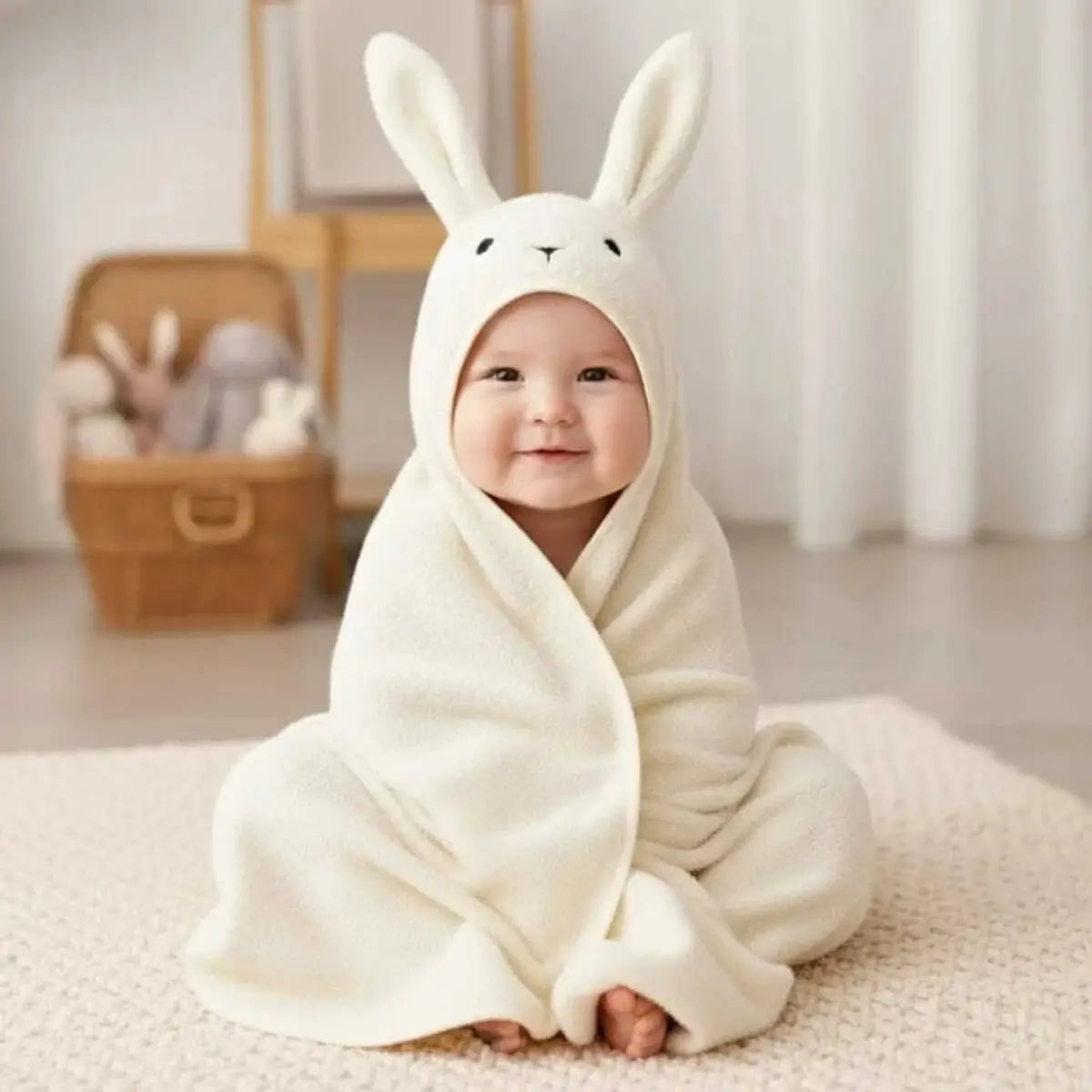 100% Cotton Bunny Baby Hooded Towel & Swaddle Blanket (Unisex Newborn Gift)  Joy Gift London