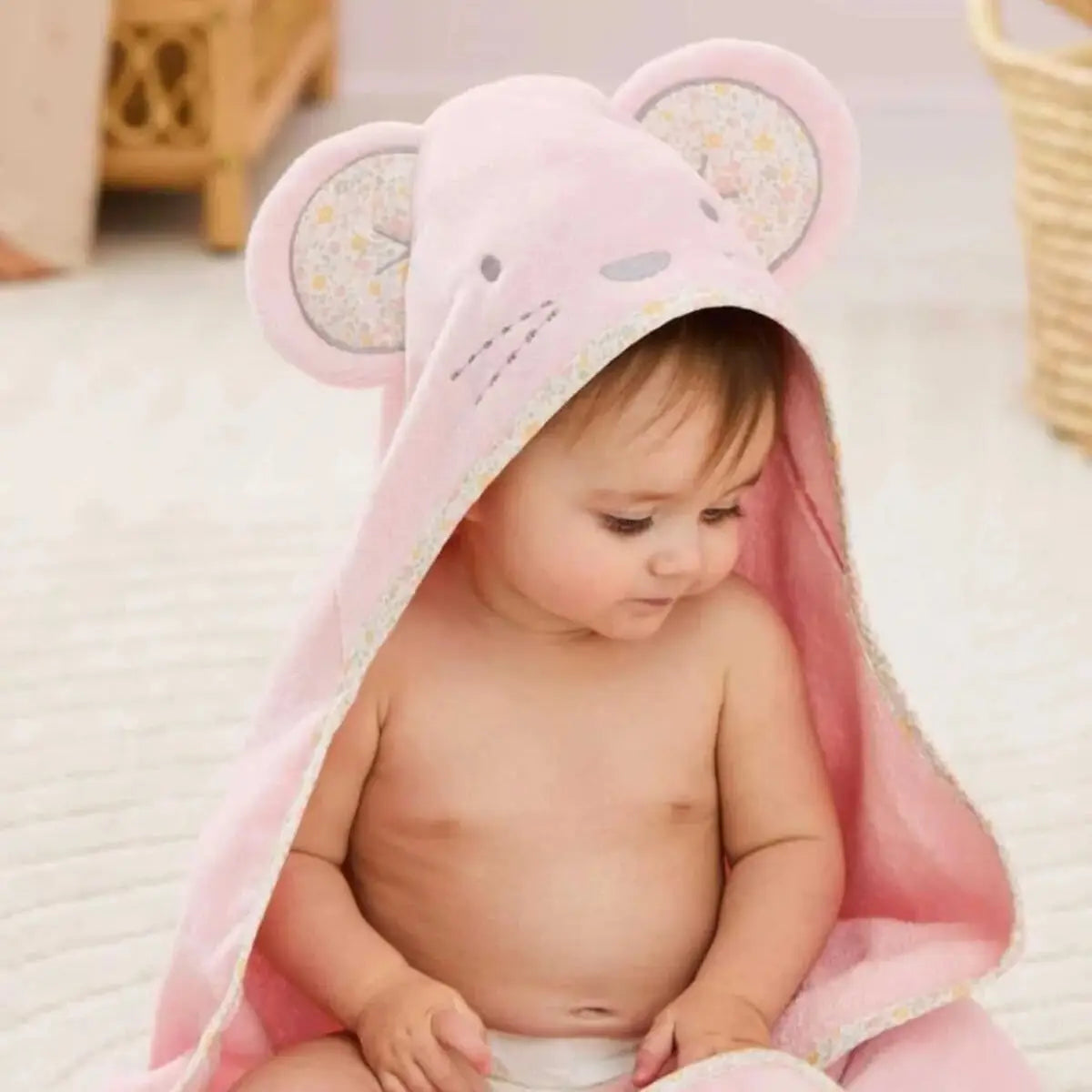 100% Cotton Pink Mouse Baby Hooded Towel & Swaddle Blanket  Joy Gift London