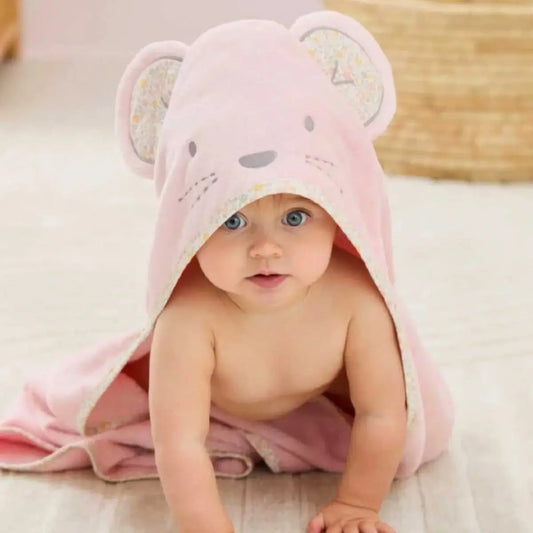 100% Cotton Pink Mouse Baby Hooded Towel & Swaddle Blanket  Joy Gift London