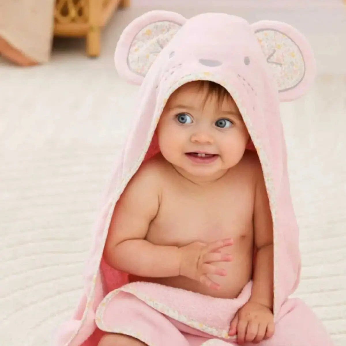 100% Cotton Pink Mouse Baby Hooded Towel & Swaddle Blanket  Joy Gift London
