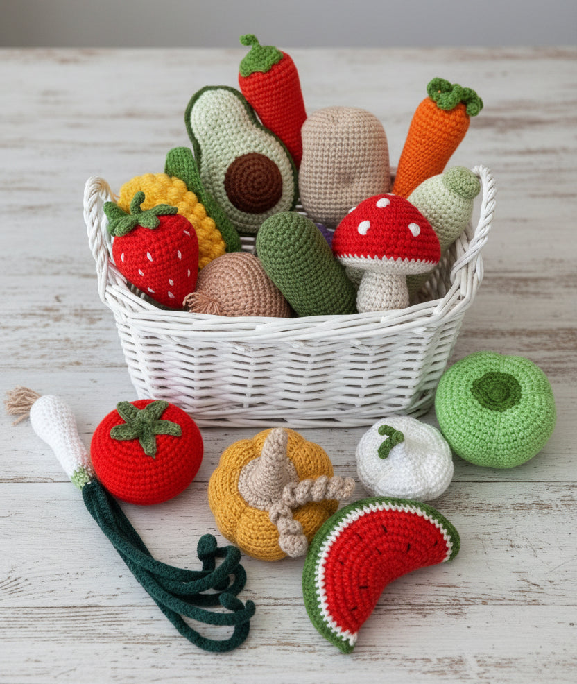 Crocheted fruits and vegetables in a woven basket on white fabric background