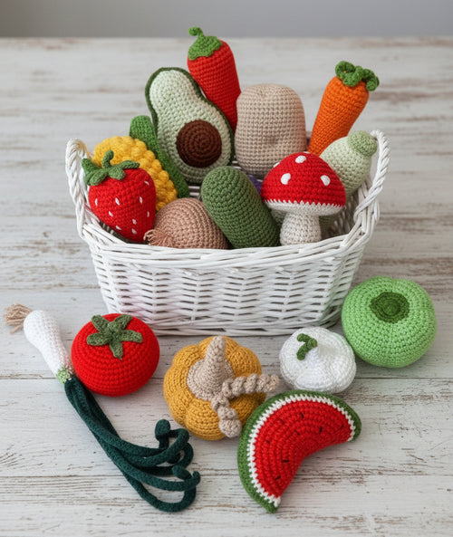 Crocheted fruits and vegetables in a woven basket on white fabric background