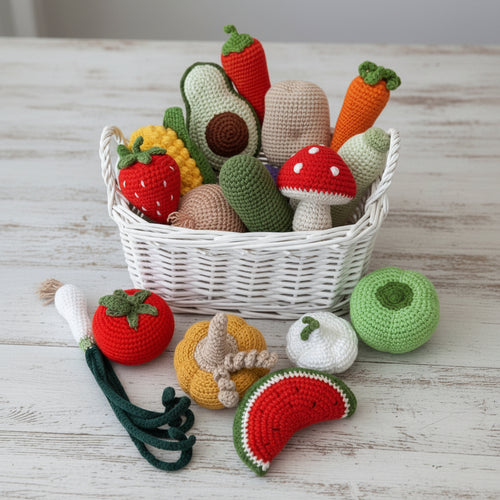 Crocheted fruits and vegetables in a woven basket on white fabric background