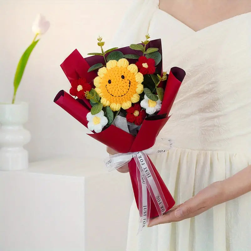 Handmade Crocheted Smiling Sunflower Bouquet