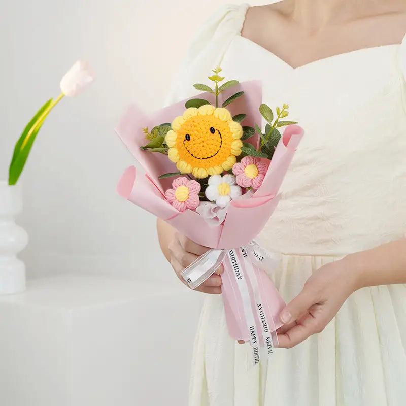 Handmade Crocheted Smiling Sunflower Bouquet