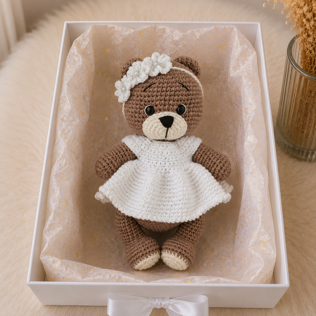 Handmade Crochet Teddy Bear Toy in White Dress
