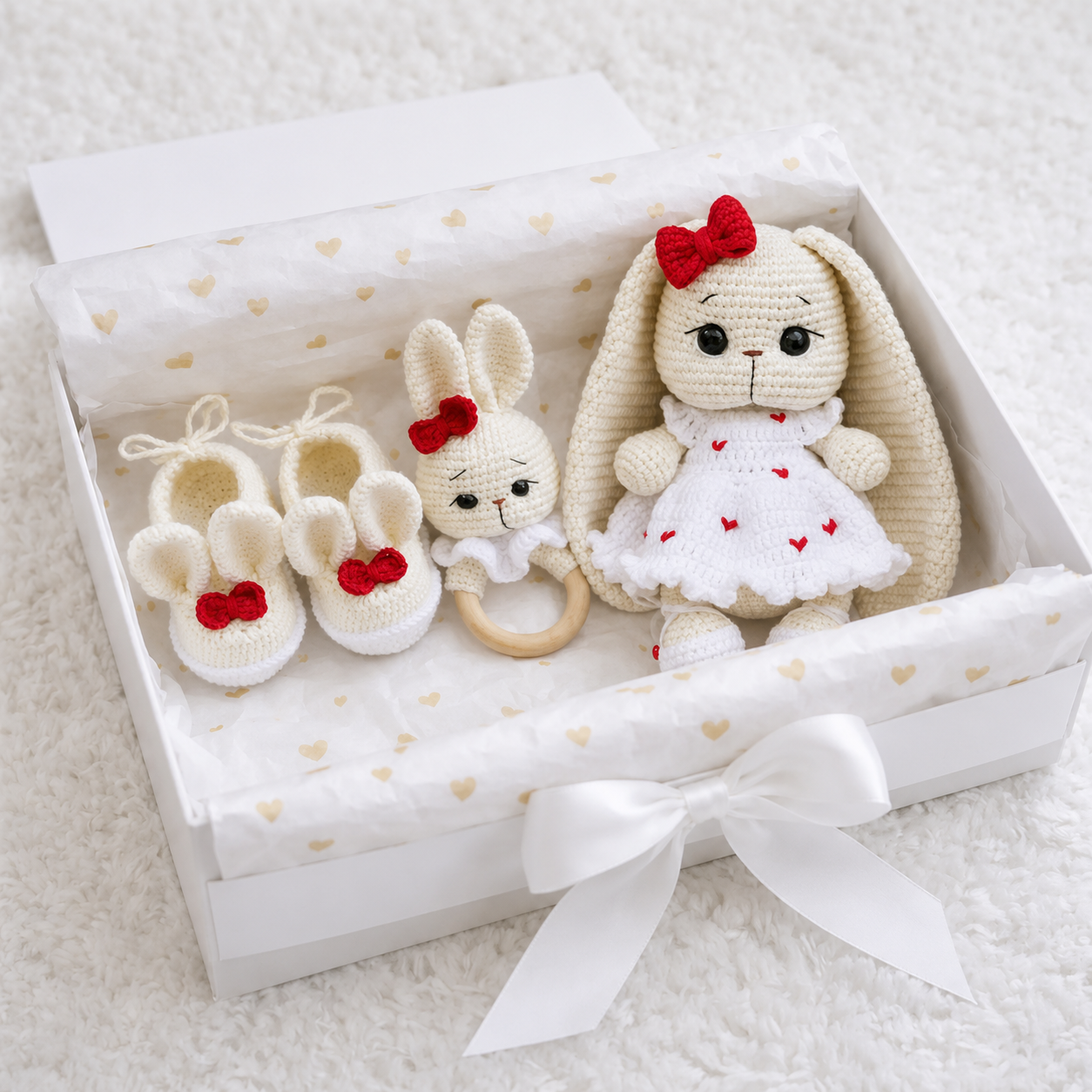 Handmade Crochet Long Ear Bunny Toy in White Dress