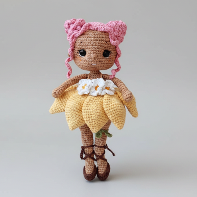 Pink Hair Crochet Doll in Daisy Dress – Handmade Amigurumi Baby Girl Gift