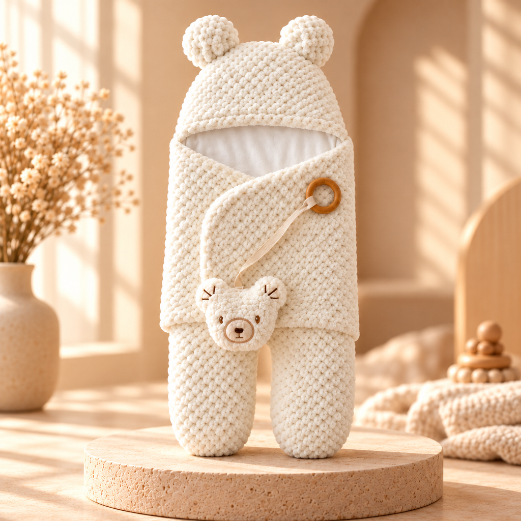 100% Cotton Extra Soft Baby Swaddle Sleeping Bag with Bear Ears & Teddy Toy