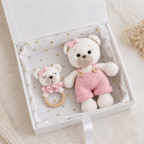 Crochet Cute White Teddy Bear Toy in Blue/Pink Jumpsuit and Rattle Toy Gift Set 2pc