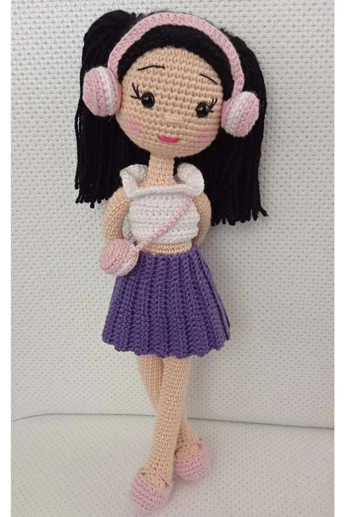 Crochet Little Girl Toy in Purple Skirt Listening to music - Joy Gift London