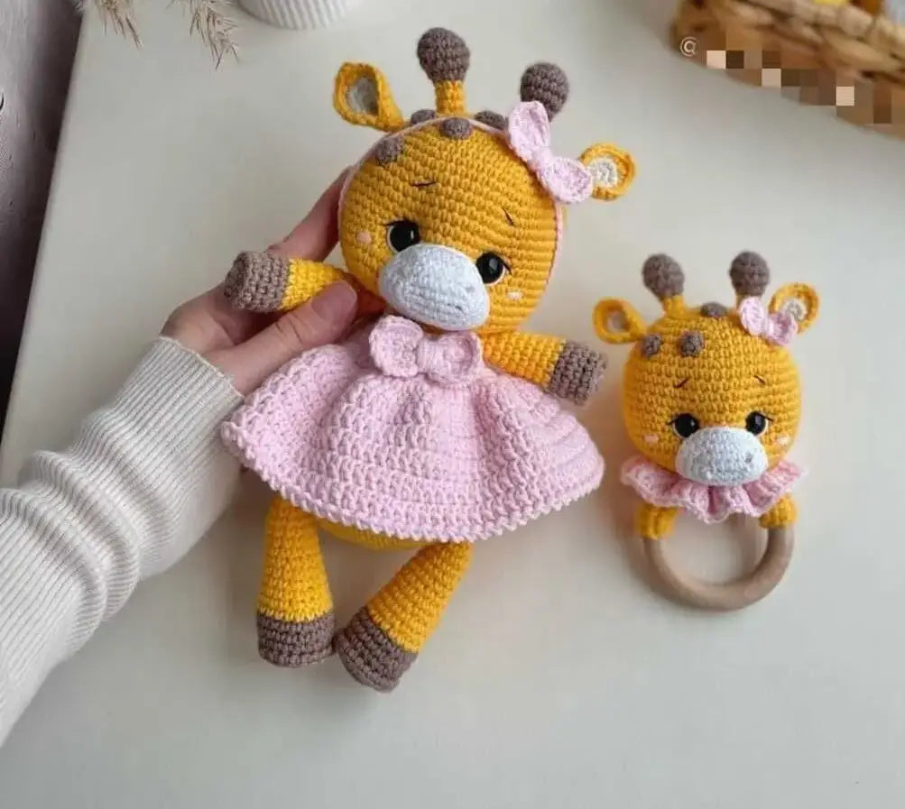 Crochet Cute Giraffe Toy and Rattle Toy Set 2pc