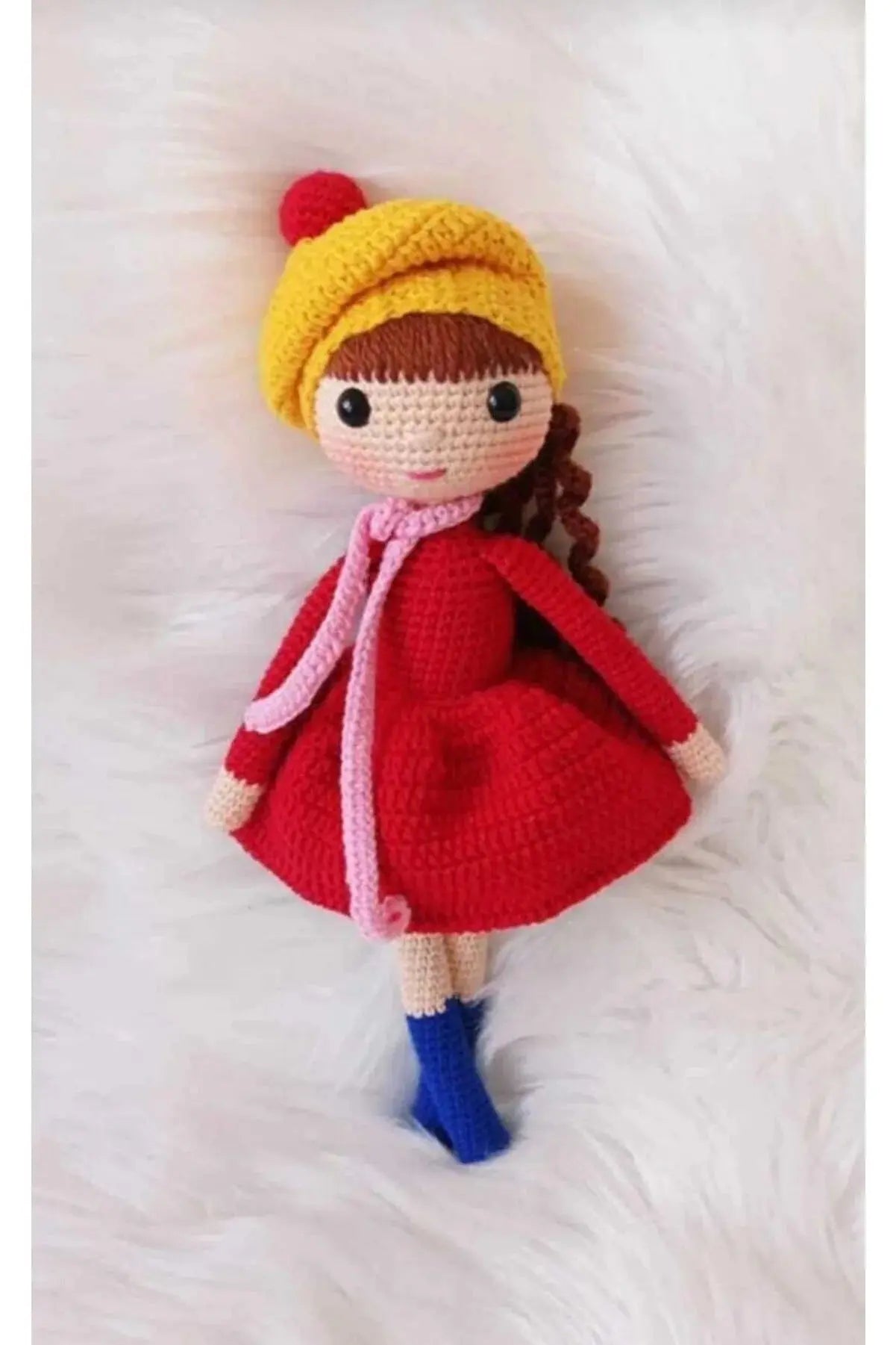 Crochet Cute Girl Doll Toy with Red Dress and Yellow hat - Joy Gift London