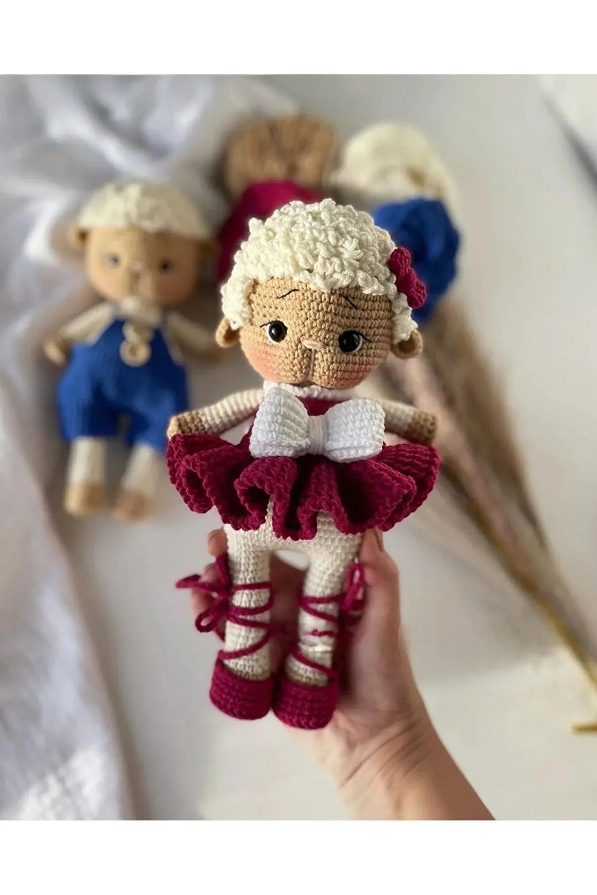 Crochet Cute Sheep Girl Toy in Burgundy Dress - Joy Gift London