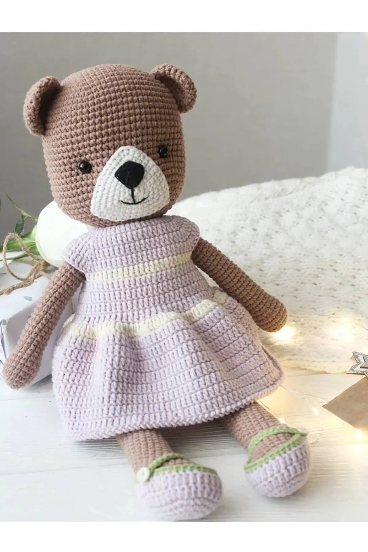 Crochet Big Teddy Bear wearing purple skirt - Joy Gift London