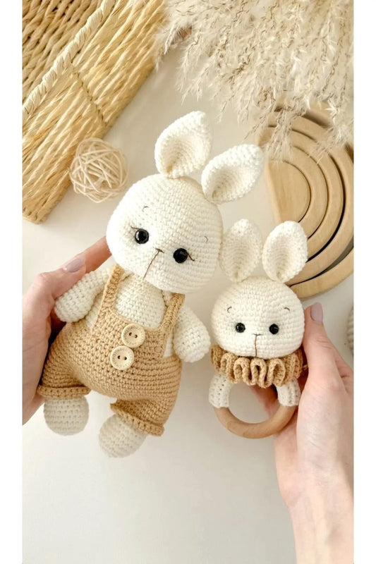 Crochet Cute Rabbit Toy and Rattle Toy Set 2pc - Joy Gift London