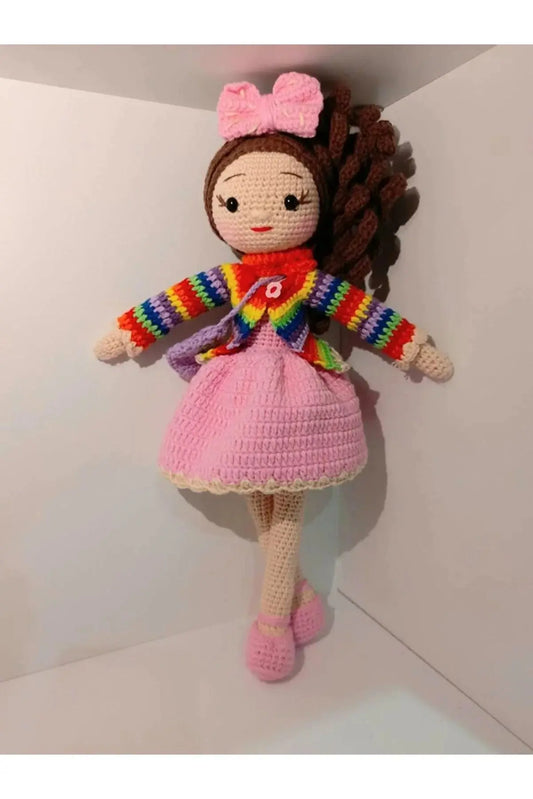 Crochet Little Girl Doll Toy - Pink Dress & Rainbow Top - Handmade, Adorable, Perfect Gift for Kids - Joy Gift London