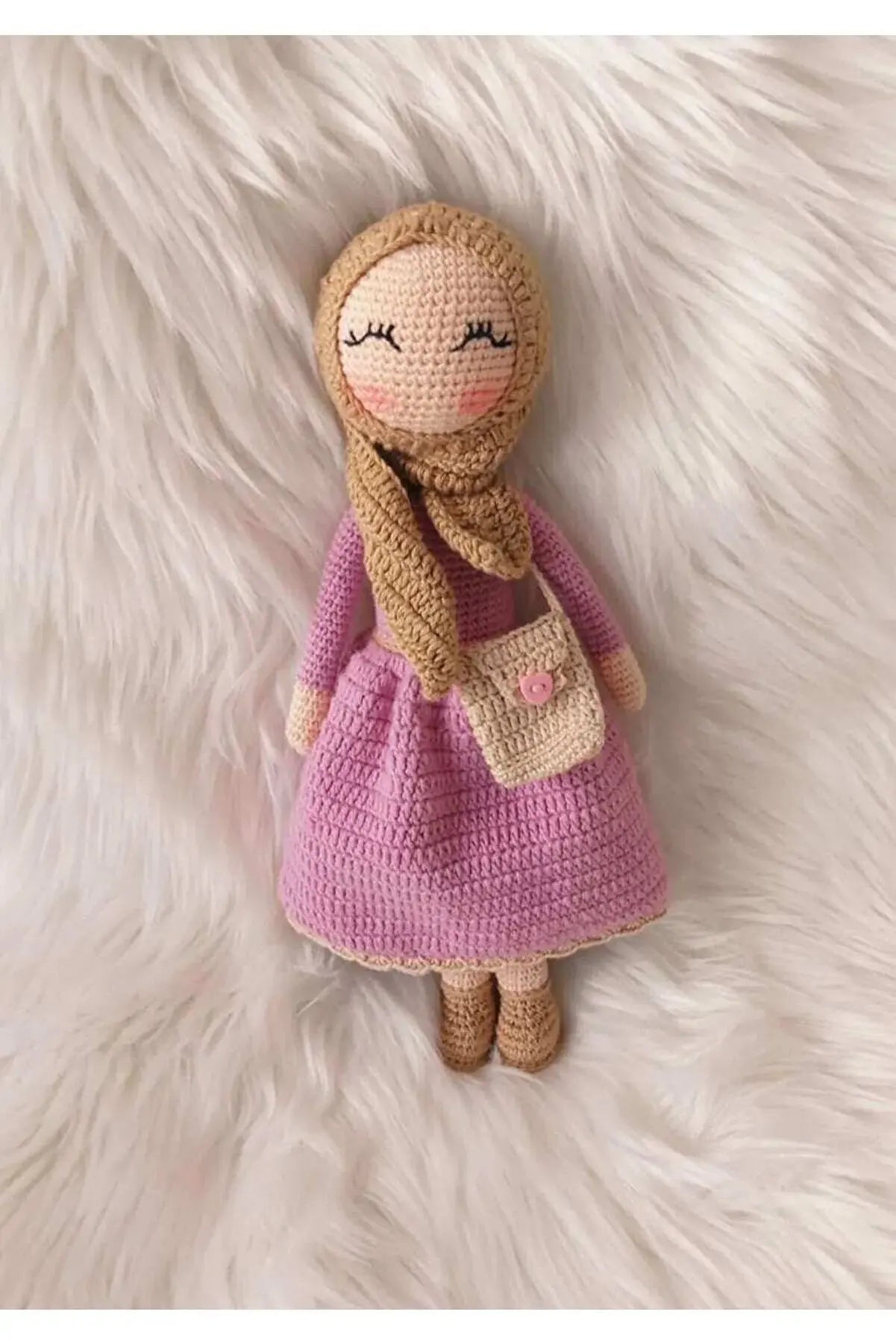 Crochet Hijab Doll with Pink Dress and Brown Hijab - Joy Gift London