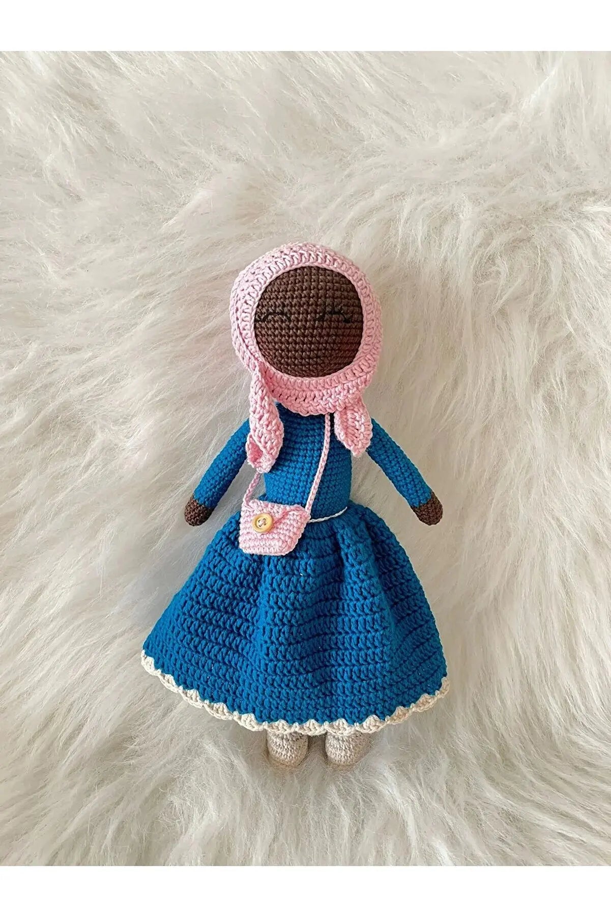 Crochet Hijab Doll with Blue Dress and Gray Hijab - Joy Gift London