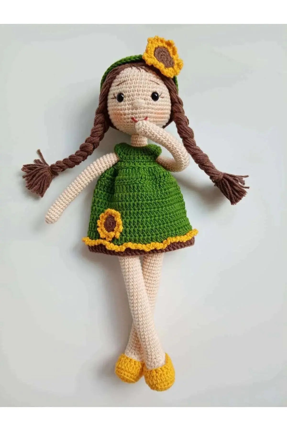 Crochet Little Girl Doll Toy - Green Dress with Sunflowers - Hours of Imaginative Play - Eco-Friendly Alternative - Joy Gift London