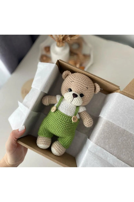 Crochet Cute Teddy Bear Toy with Green Jumpsuit