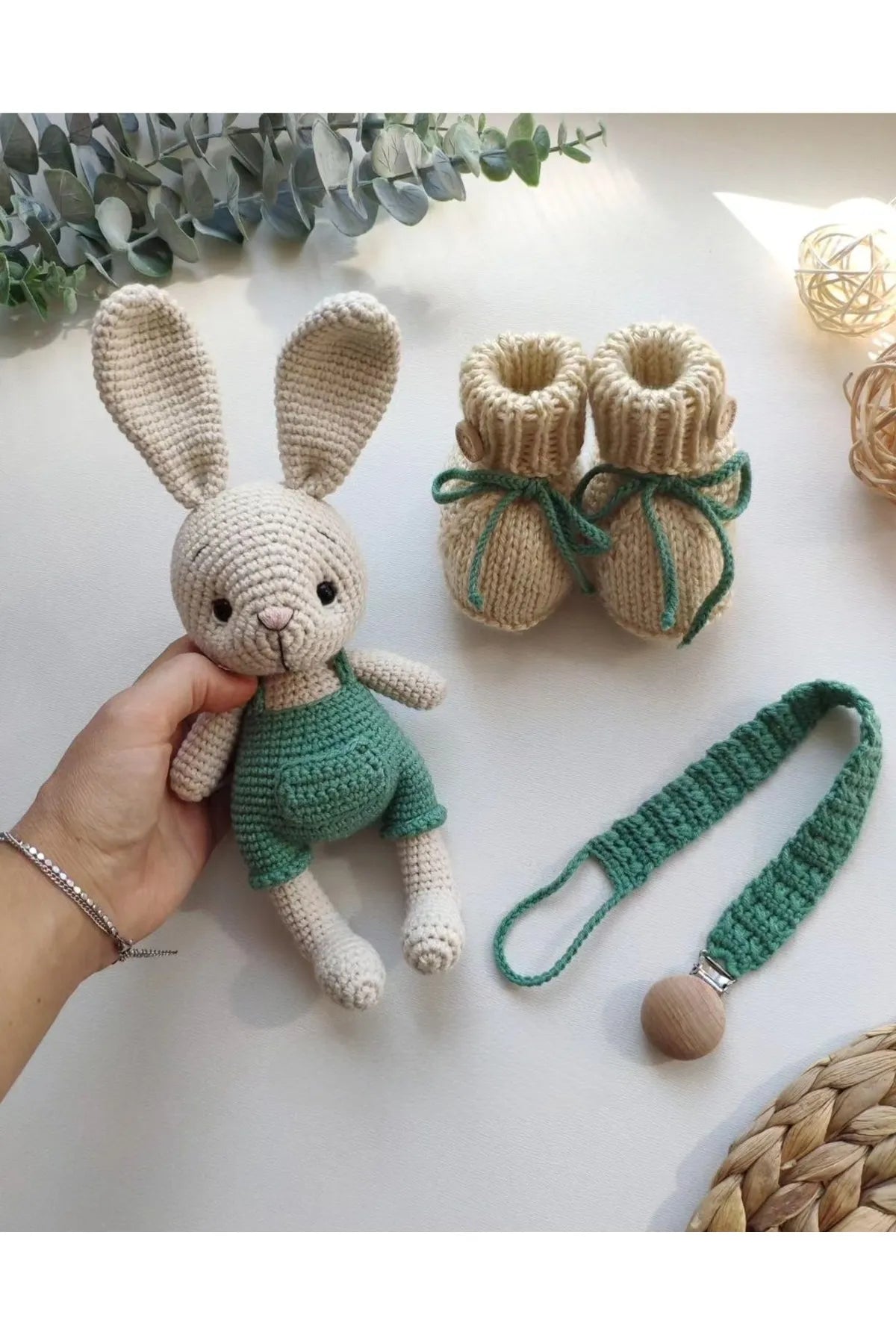 Crochet Rabbit Toy and Baby Shoes Set 3pc