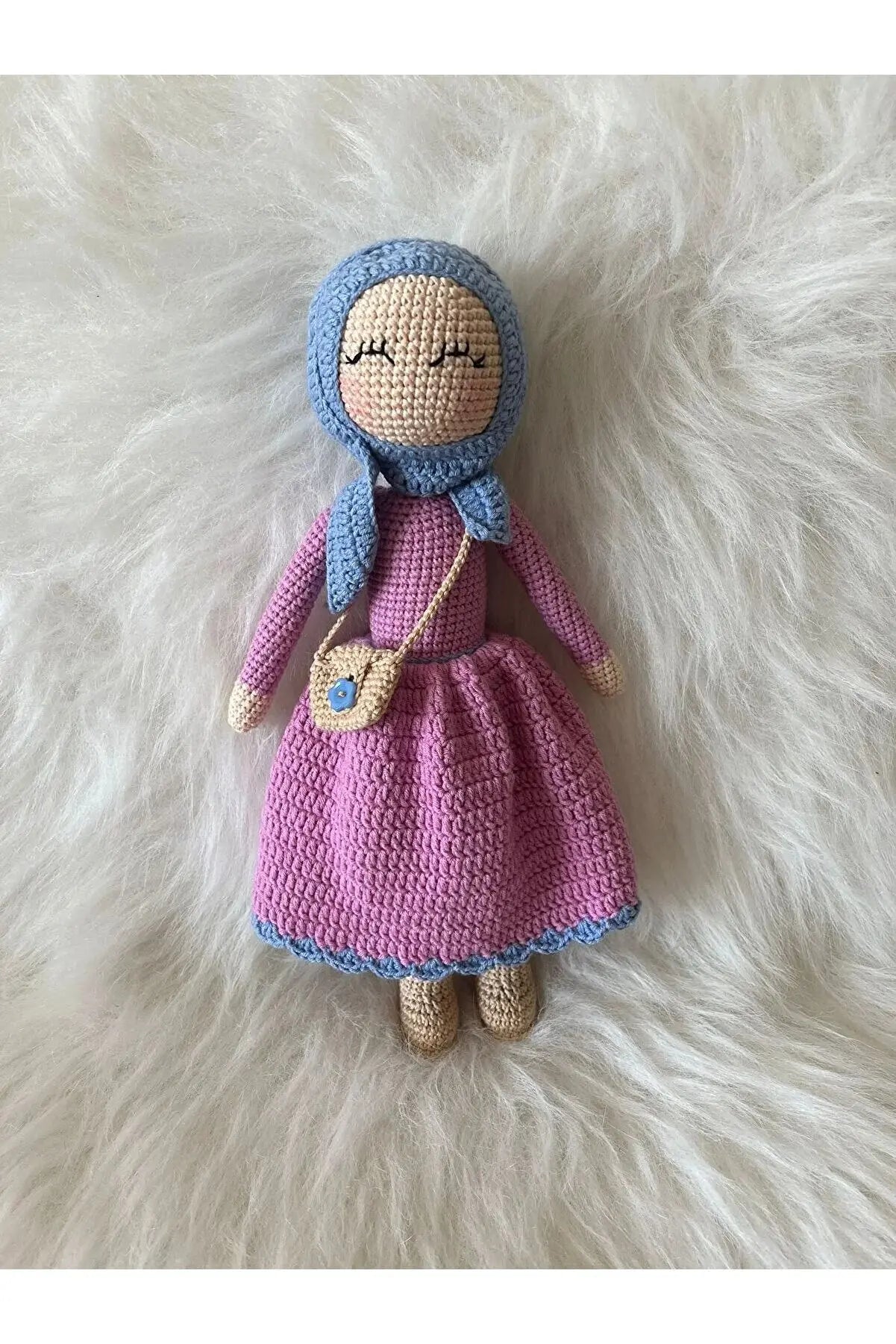 Crochet Hijab Doll with Blue Dress and Gray Hijab - Joy Gift London