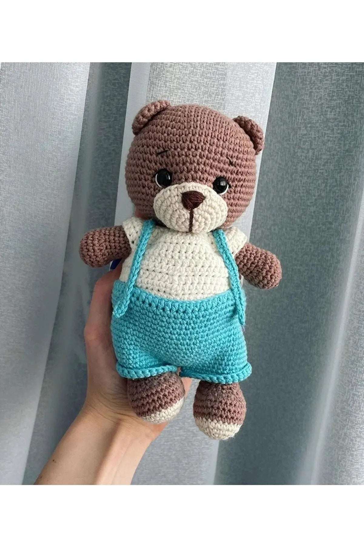 Crochet Teddy Bear in Blue Jumpsuit - Handmade Plush Toy for Kids and Collectors - Joy Gift London