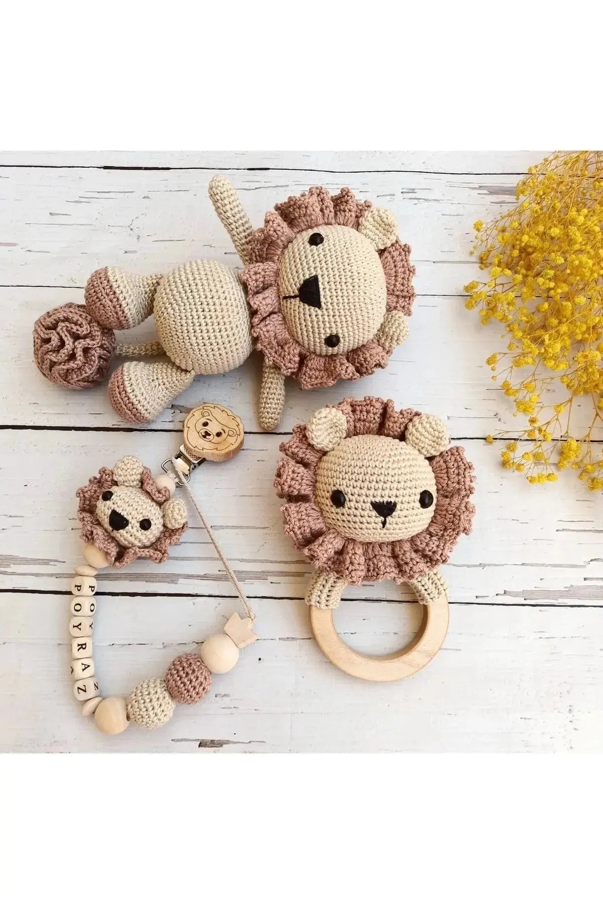 Crochet Newborn Gift Toy Set - Lion (3pc) Personalised Dummy Clip TrendyToy