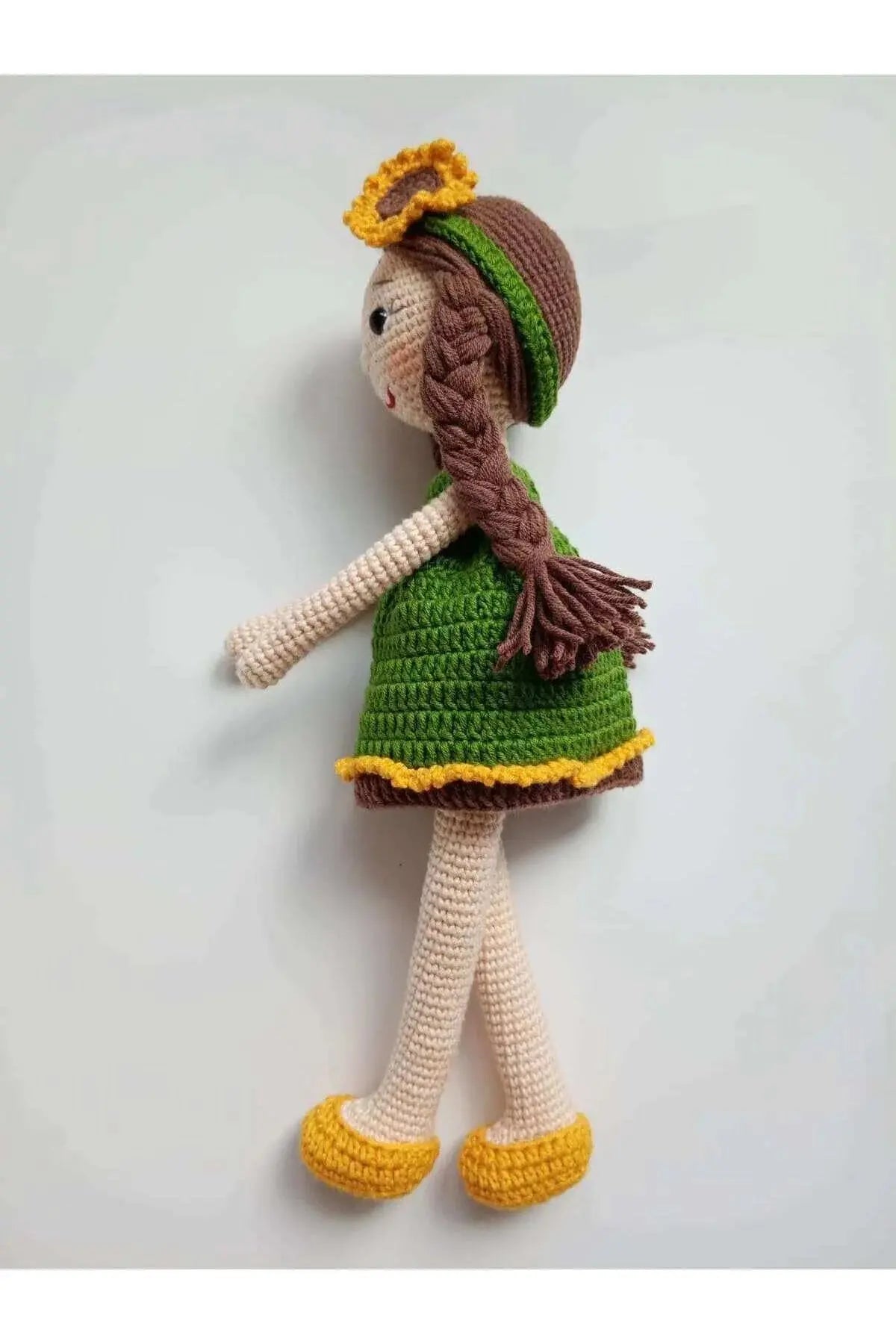 Crochet Little Girl Doll Toy - Green Dress with Sunflowers - Hours of Imaginative Play - Eco-Friendly Alternative - Joy Gift London